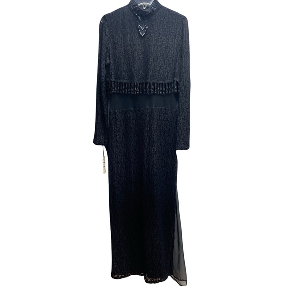 Vintage Dresses & Skirts - Vintage NWT Gloria Black Lace Beaded Fringe Sheer Torso Long Dress Sz XL